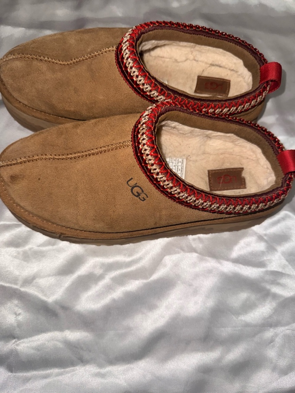 UGG Chestnut Suede Slip-On Slippers with Red Trim
